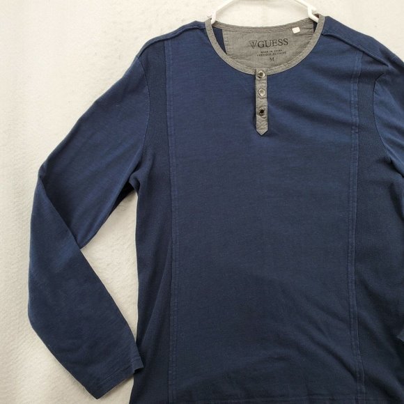 Guess Shirt Men's Long Sleeve Snap Up Henley Pullover Tee Blue Medium - Picture 5 of 12